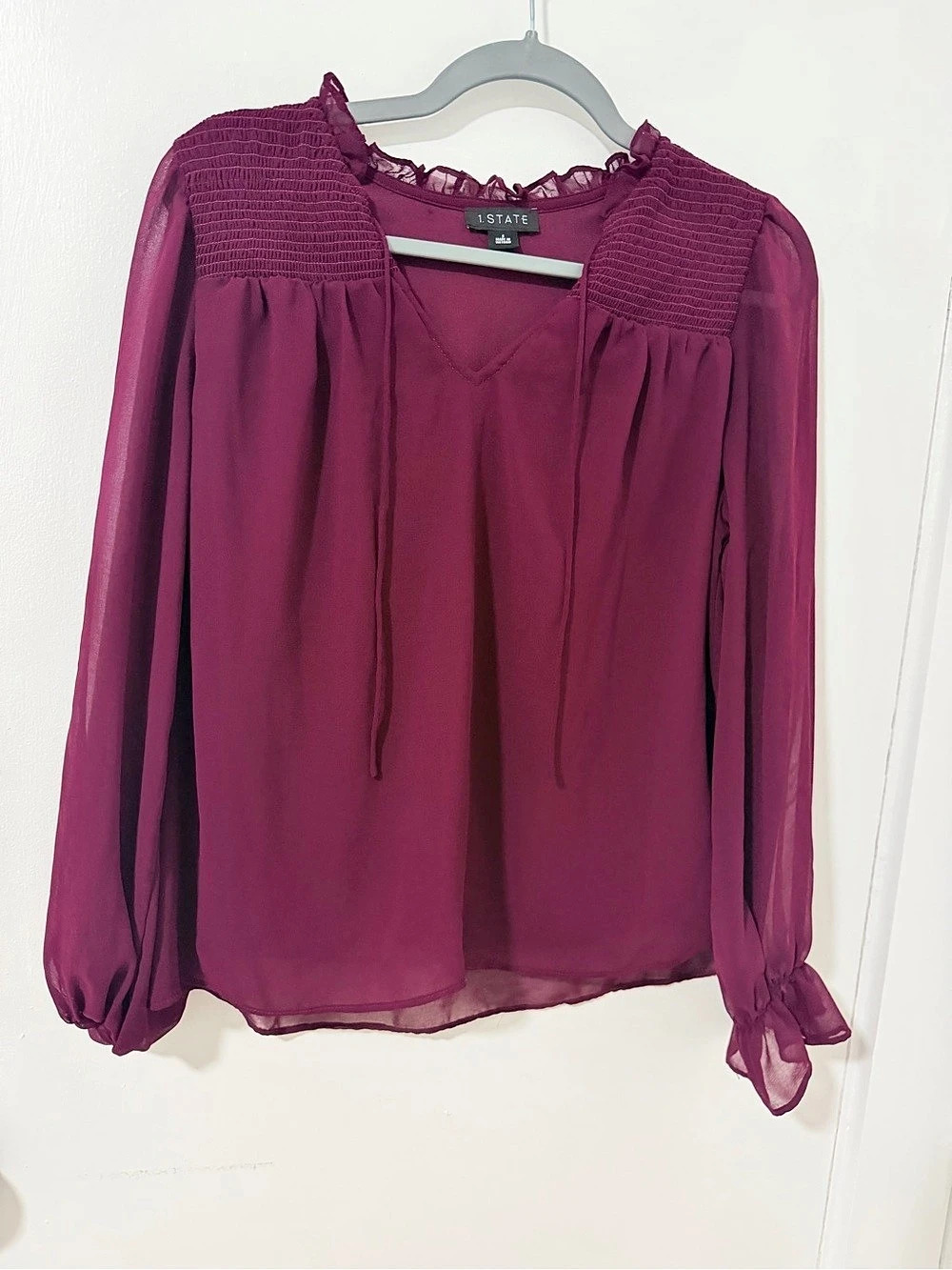 1.STATE Smocked Neck Long Sleeve Blouse Purple Small